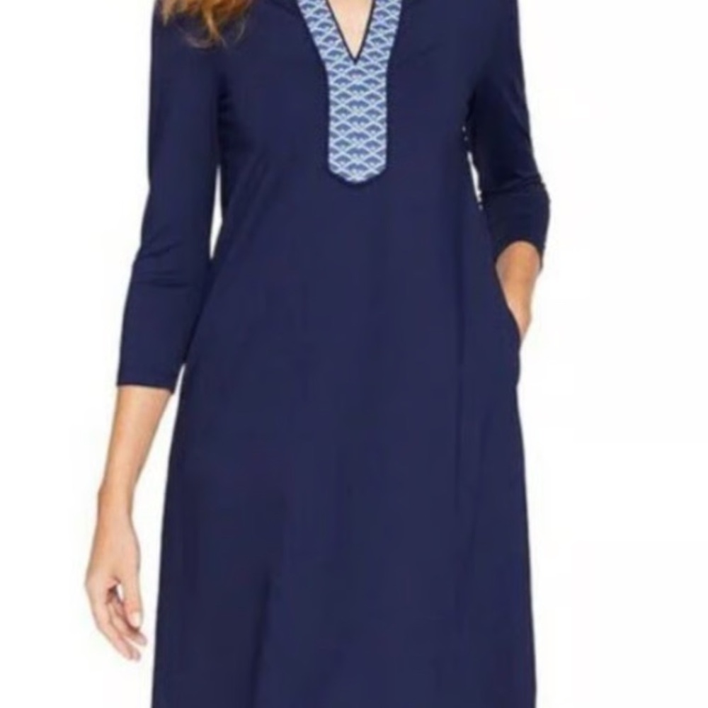 J. McLaughlin Carmine Navy Blue Dress with patterned neckline. Never worn, NWT.